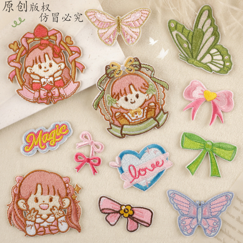 Iron on patches Embroidery sticker little girl bow clothing accessories Adhesive patch Self-adhesive hand account shoe emblem cloth sticker