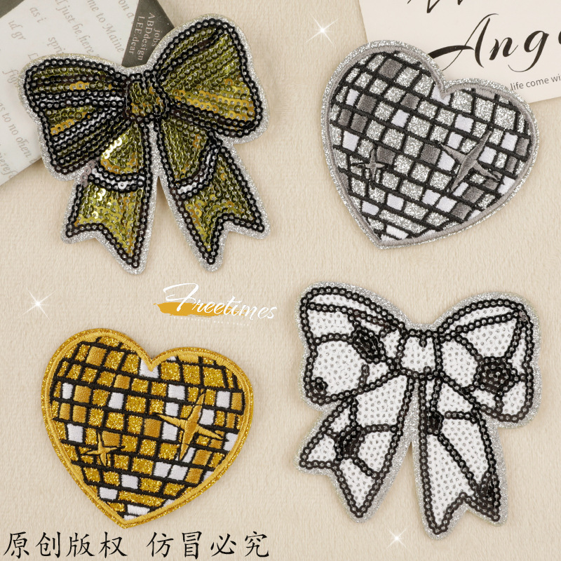 Iron on patches fine glitter sequins love bow embroidery sticker DIY bag decoration patch sticker accessories cloth sticker
