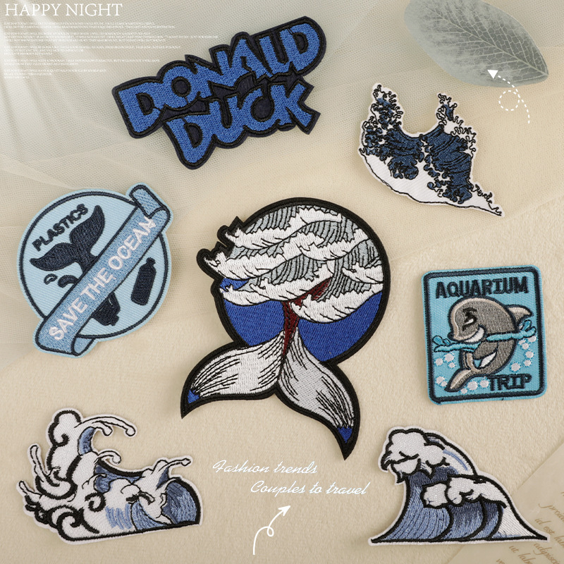 Iron on patches embroidery sticker badge whale wave luggage accessories adhesive patch patch accessories cloth sticker