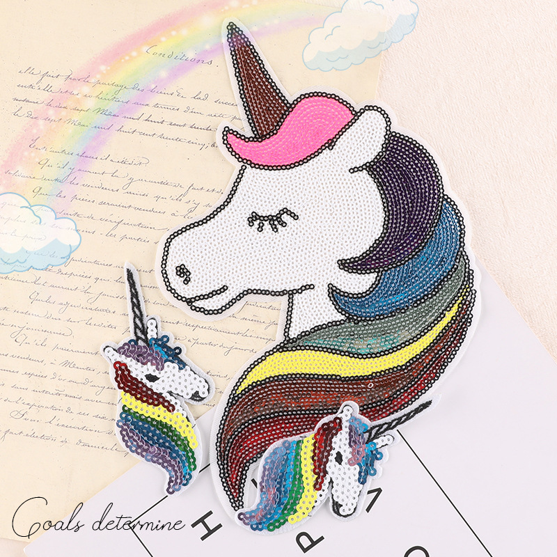 Iron on patches cartoon sequins unicorn clothes patch beads embroidery clothing accessories large embroidery cloth sticker