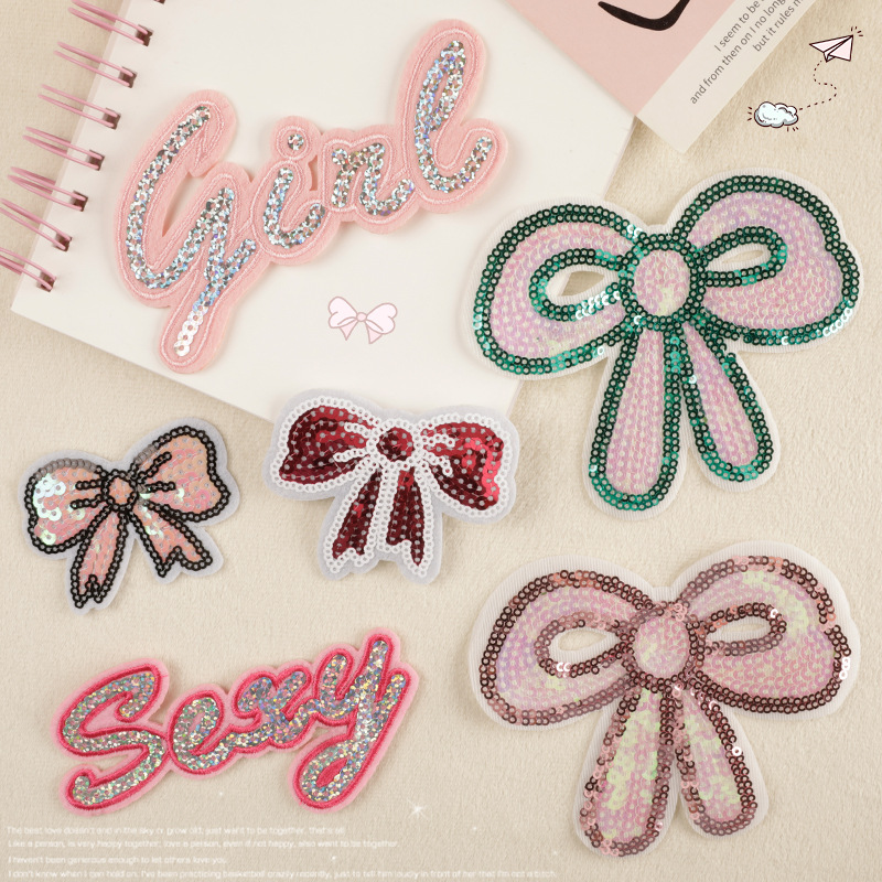 Iron on patches embroidery patch sticker badge sequined bow English clothing accessories cloth sticker
