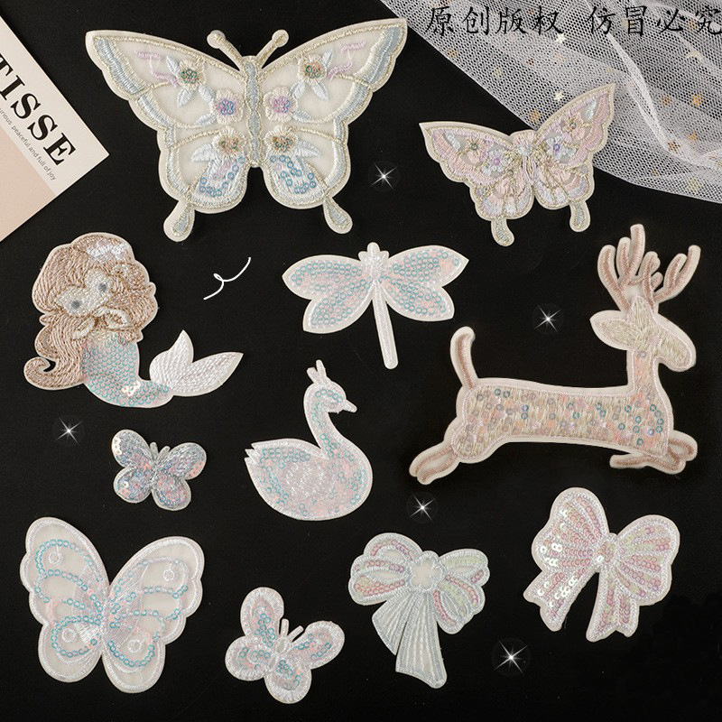 Cute cartoon mesh bow lace sequin embroidery sticker DIY hand account accessories brooch hairpin self-adhesive cloth sticker