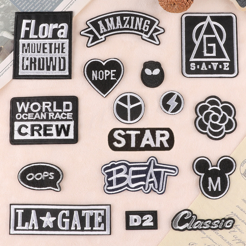 English letter patch sticker, clothing accessories badge, cloth label, black and white embroidery cloth sticker