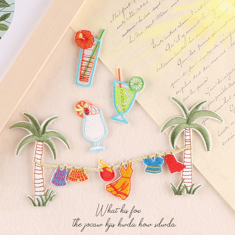 Iron on patches Coconut Tree Drink Tropical Style Patch Sticker Embroidery Sticker Clothing Accessories Handbook Accessories Cloth Sticker