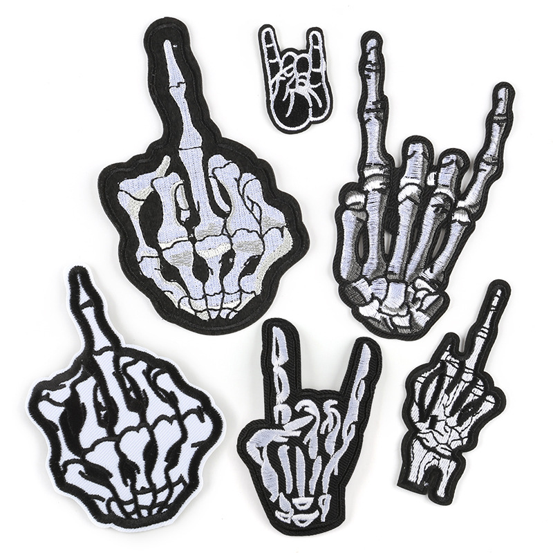 embroidery label, skull finger adhesive patch sticker, shoes, hats, bags, clothing accessories, embroidery cloth sticker
