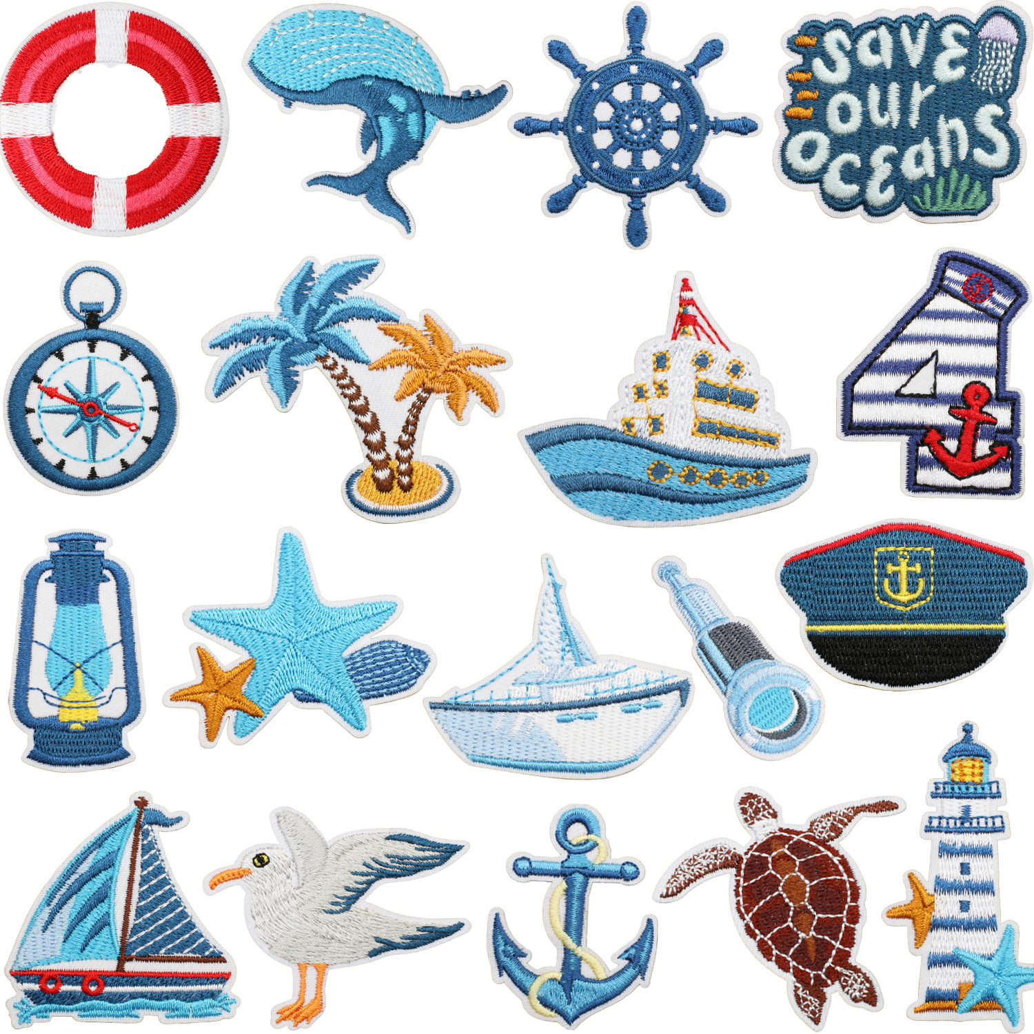 Sail away Iron on Patches cloth sticker sea travel decoration patch sticker blue whale turtle Iron on Patches label sea signal tower