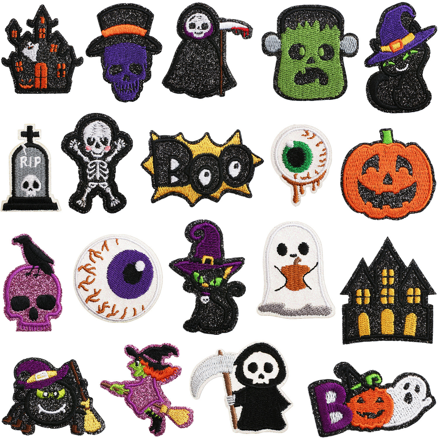Horror Crow Iron on Patches Cloth Sticker Glitter Powder Skull Patch Sticker Clothes Decoration Ghost Cat Iron on Patches Sticker