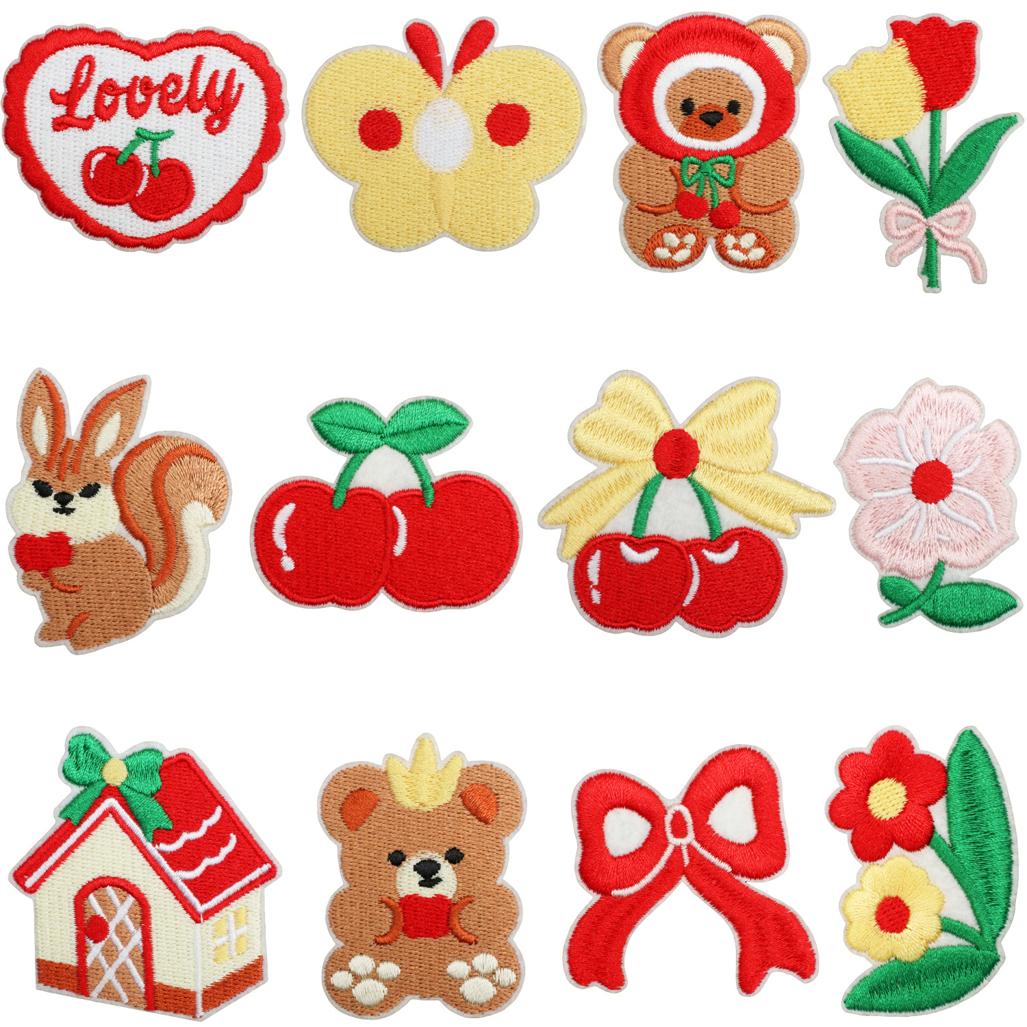 Bear Home Iron on Patches Cloth Sticker Cute Bear Neighbor Squirrel Patch Sticker Cherry Label Decorative Seal Boy