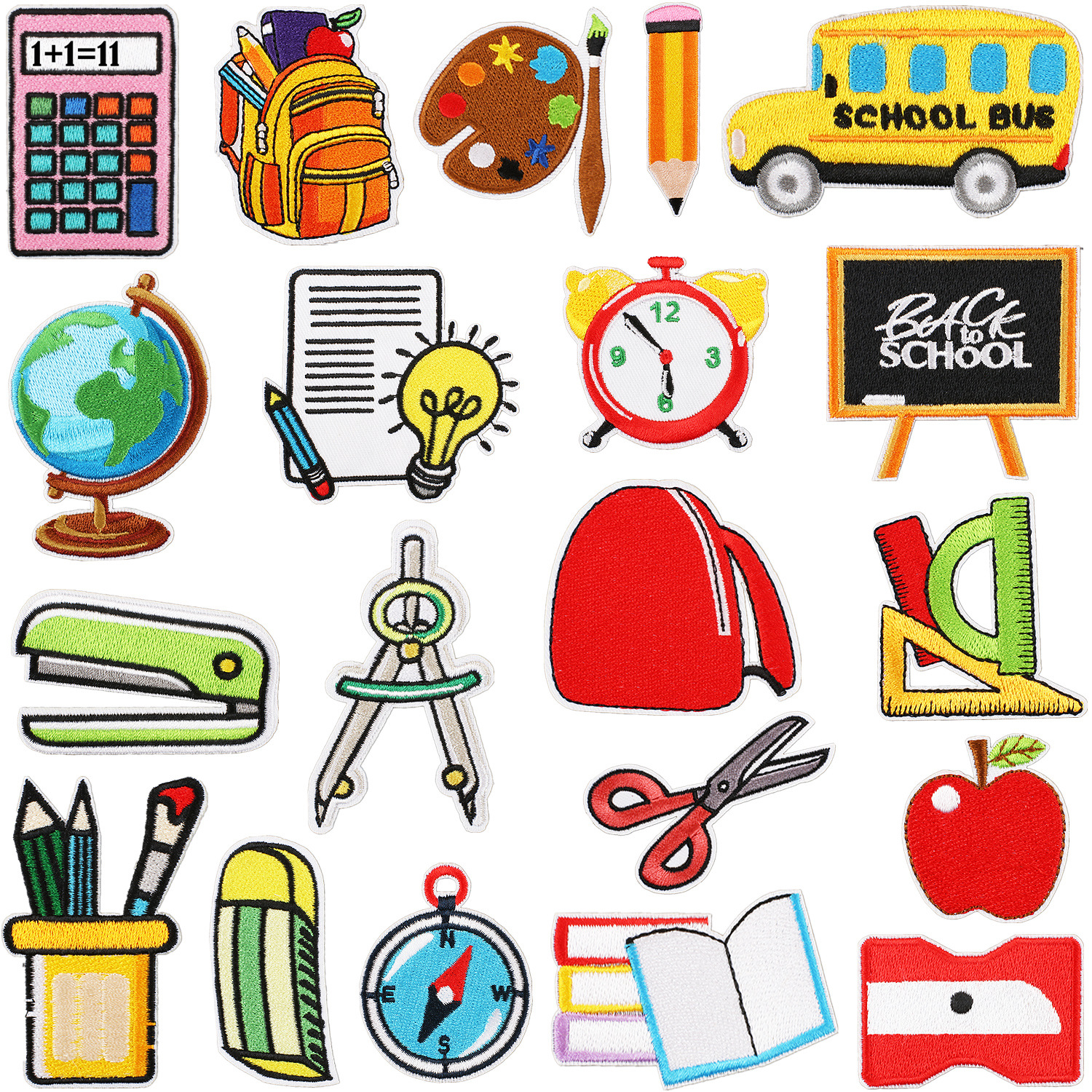 School season book Iron on Patches cloth sticker school bus stapler schoolbag patch sticker cartoon globe eraser Iron on Patches sticker