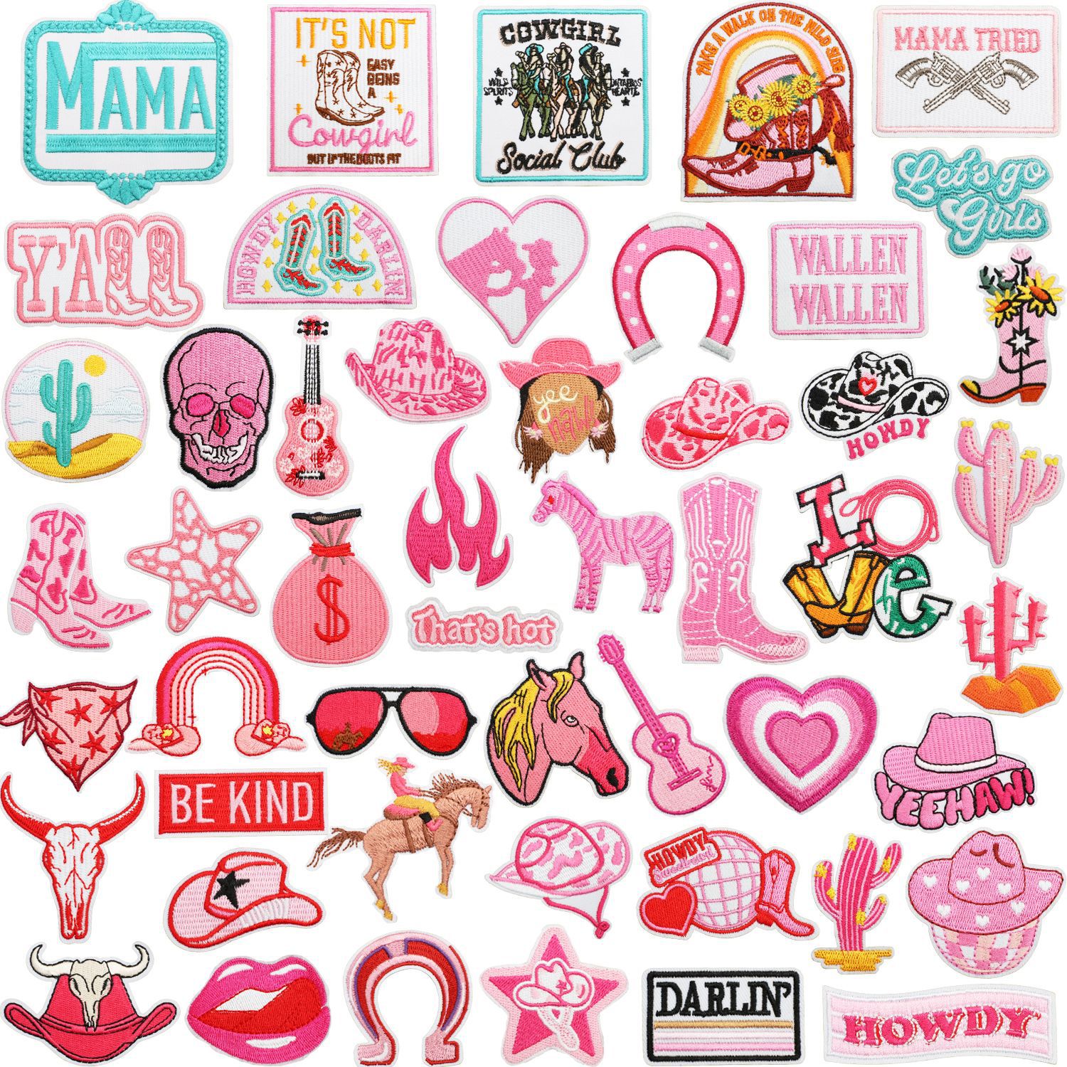 50 pieces of pink girl Iron on Patches cloth sticker, western denim patch sticker, horse galloping Iron on Patches chapter money bag Iron on Patches label
