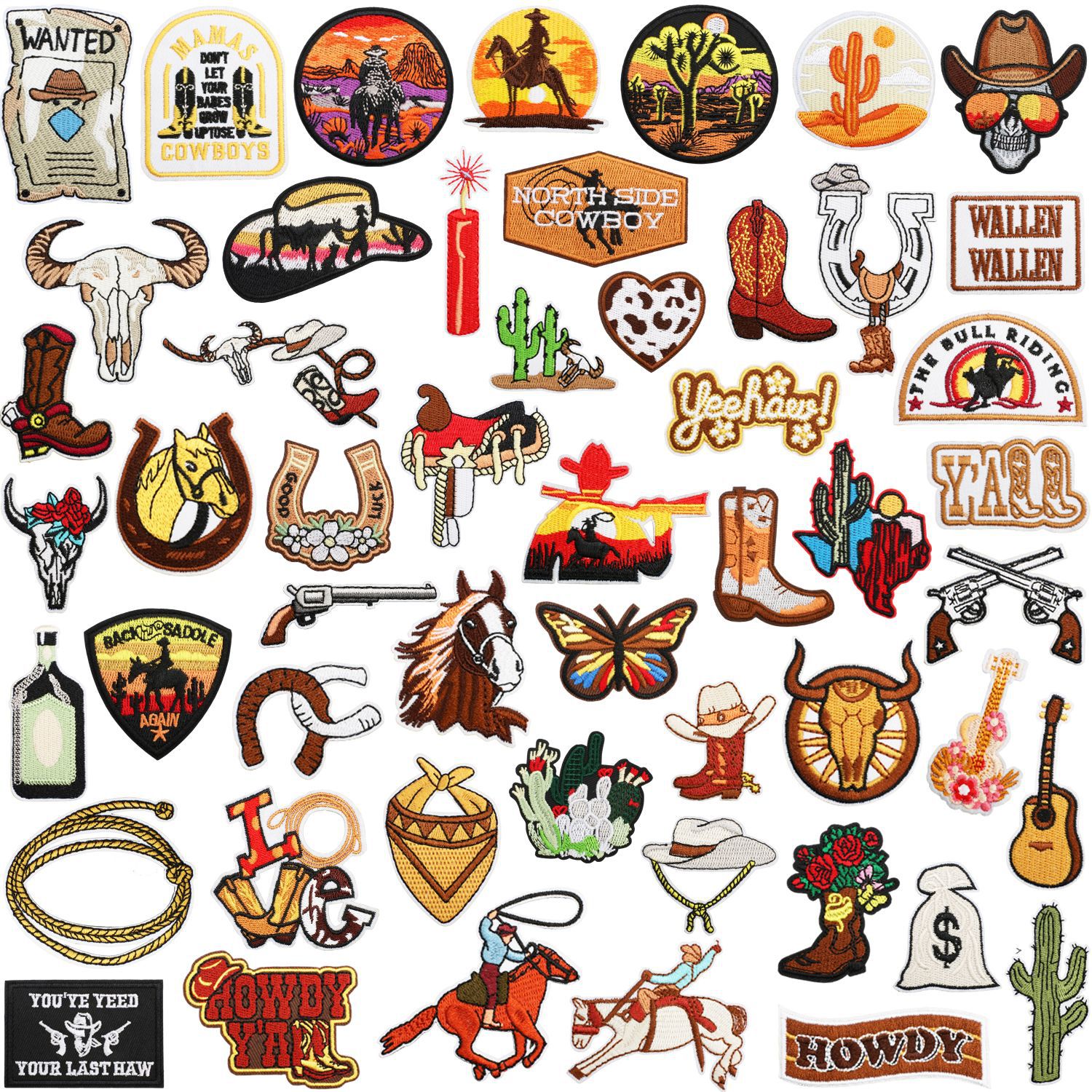 52 pieces brown western denim Iron on Patches cloth sticker jacket decorative patch sticker horse pistol Iron on Patches chapter boy Iron on Patches label