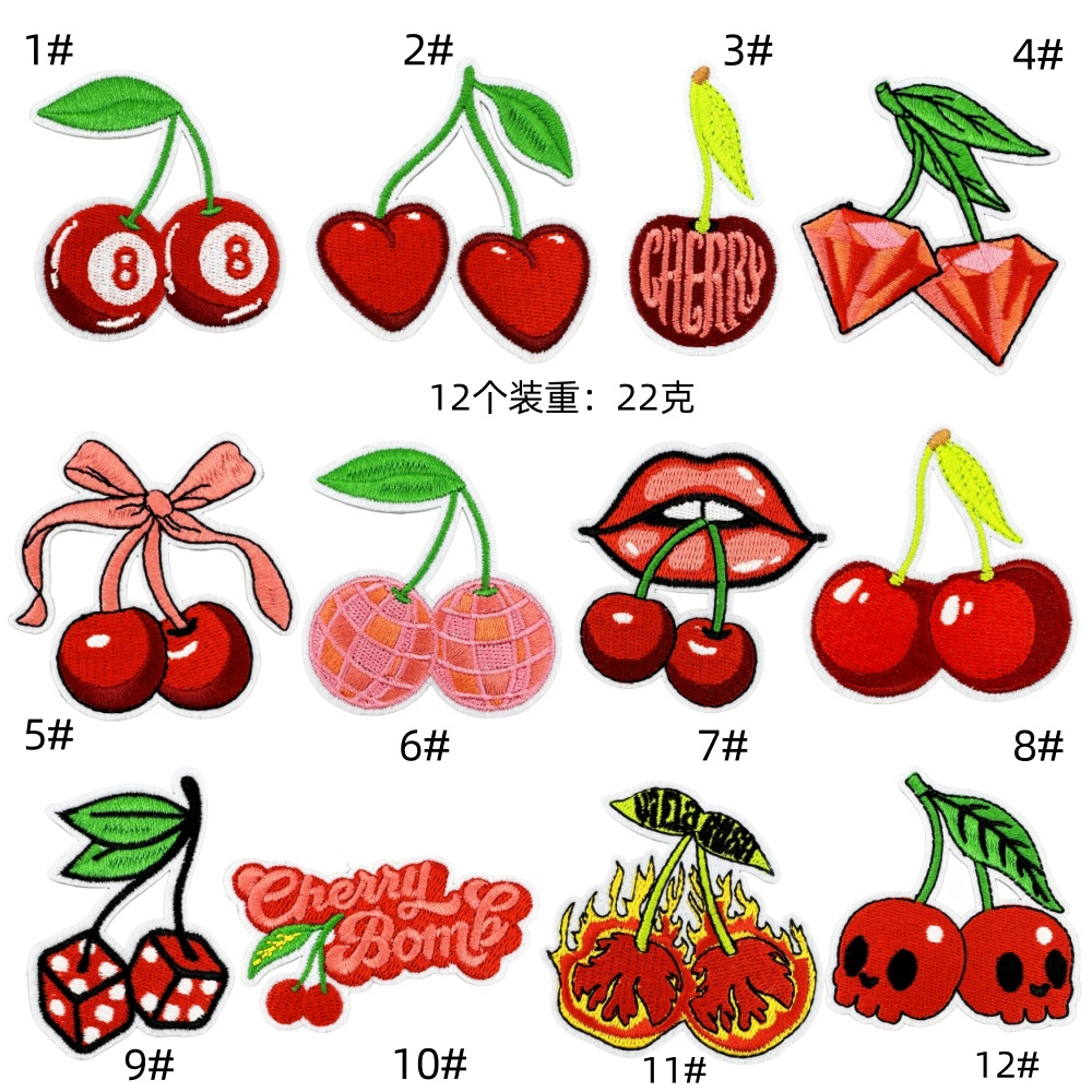 Cartoon Cherry Series Cloth Sticker Embroidery patches Sticker Computer Embroidery Clothing Accessories Badge Cloth Label Hot Melt AdhesiveEmbroidered Iron on Patches for Clothes, Dress, Hat, Jeans, DIY Accessories Patches for Caps Backpacks Vest Harness -JY