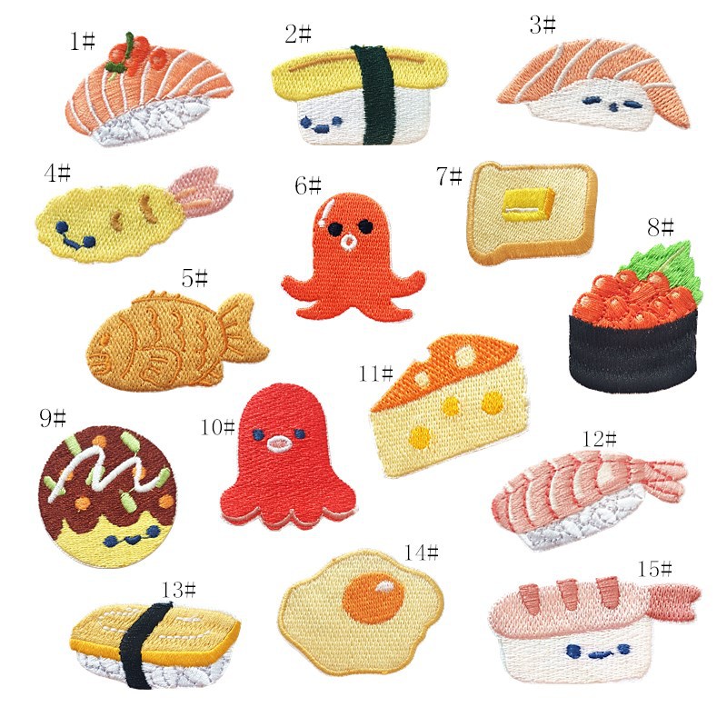 Embroidery cloth sticker cartoon sushi salmon egg embroidery cloth sticker bag clothes decoration patches sticker clothing accessoriesEmbroidered Iron on Patches for Clothes, Dress, Hat, Jeans, DIY Accessories Patches for Caps Backpacks Vest Harness -JY