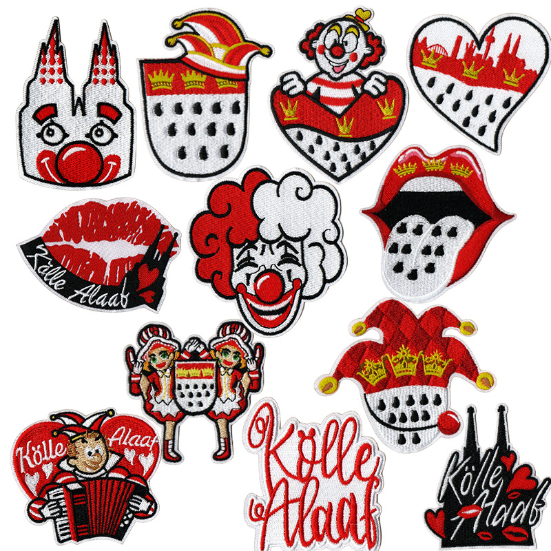 red cartoon carnival embroidery cloth sticker ironing clown English crown embroidery mark boy decorative accessories