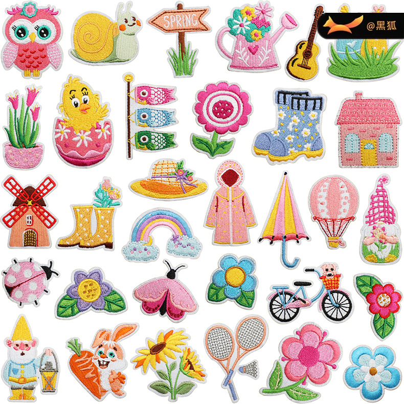 Spring flowers bloom embroidery iron on patches spring element patches chicken embroidery labels raincoats rain boots,s