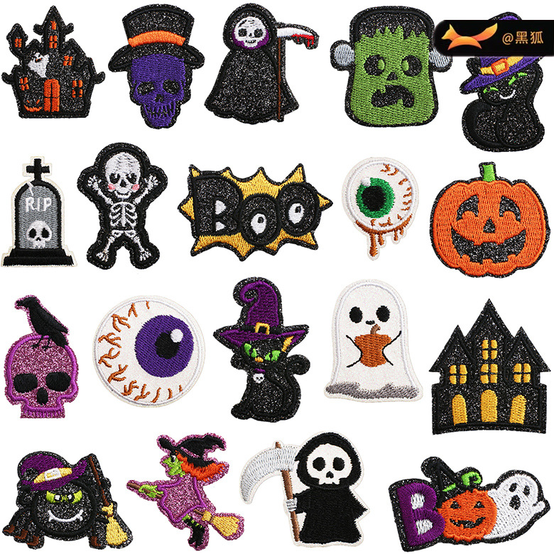Witch Embroidery Cloth Sticker Cartoon Ghost Patches Sticker Glitter Powder Embroidery Label Horror Castle