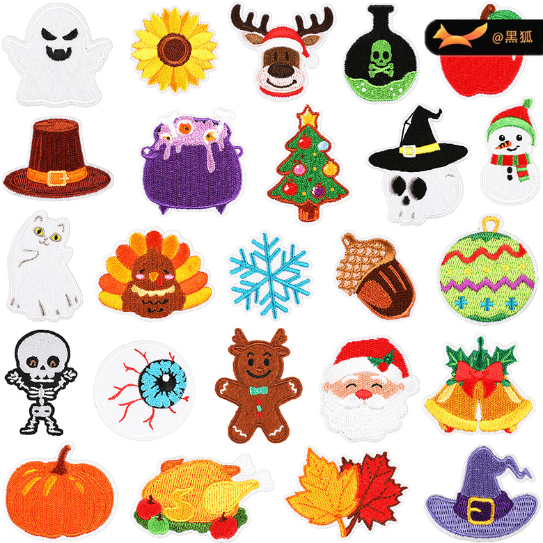 Skull Embroidery Cloth Sticker Cartoon Ghost Cat Patches Sticker Holiday Decoration Embroidery Sticker Snowflake Santa Claus
