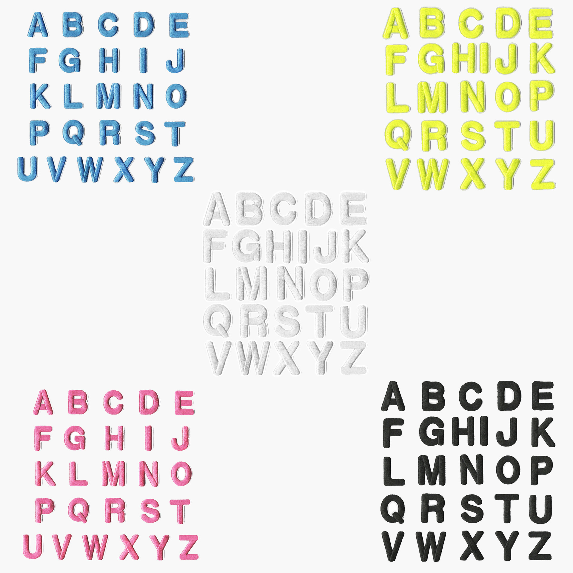 The 26 English letter embroidery patches are attached to the clothes and the holes are decorated patches and A-Z English letters