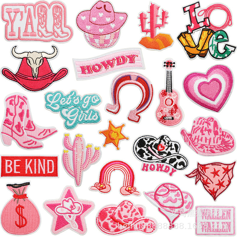 Pink western embroidery cloth sticker cactus cow head clothes decorative Patches sticker cowgirl embroidery patch