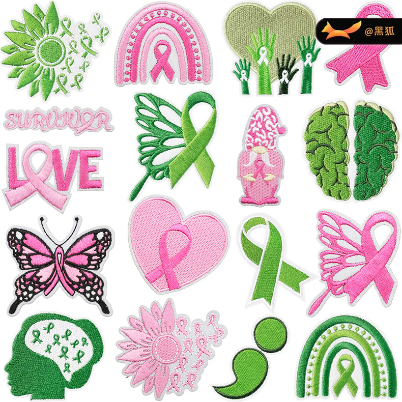 Health Day Embroidery Cloth Sticker Green Patches Sticker Pink Ribbon Bag Decoration Embroidery Label