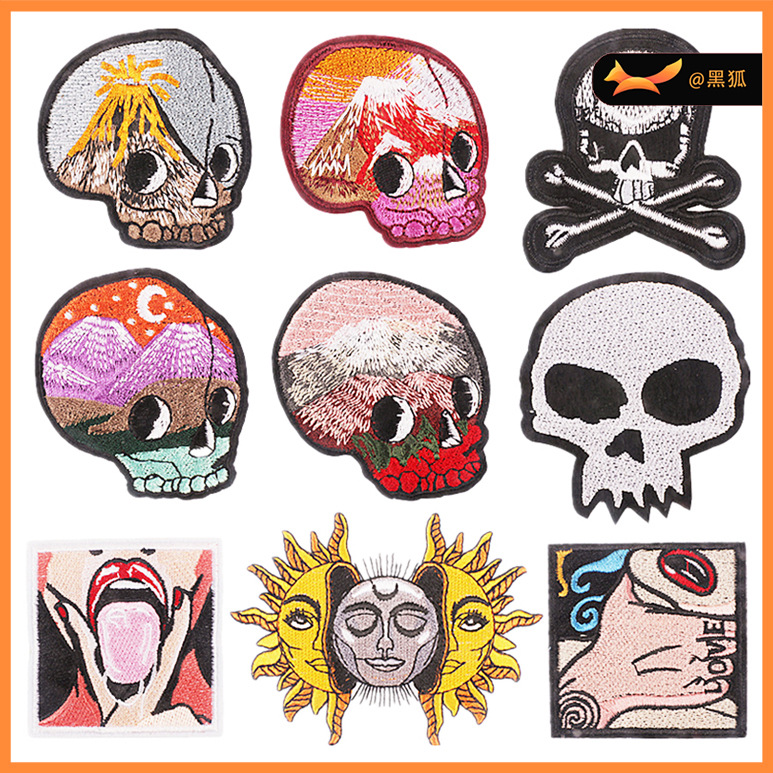 Art Skull Embroidery Label Horror Skull Patches Sticker Embroidery Cloth Sticker Sun God