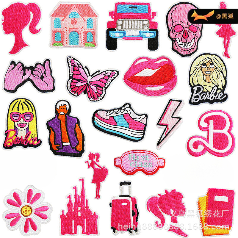 pink skull embroidery Patches sticker Barbie doll clothes bag sticker embroidery label
