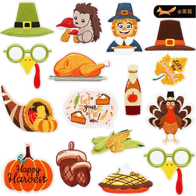Thanksgiving Embroidery Cloth Sticker Pumpkin Patches Sticker Autumn Harvest Embroidery Sticker Pine Corn Medallion