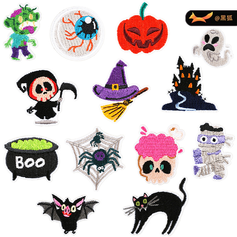 Halloween Funny Pumpkin Head Embroidery Cloth Sticker Cartoon Bat Patches Sticker Embroidery Label Horror Ghost Cat