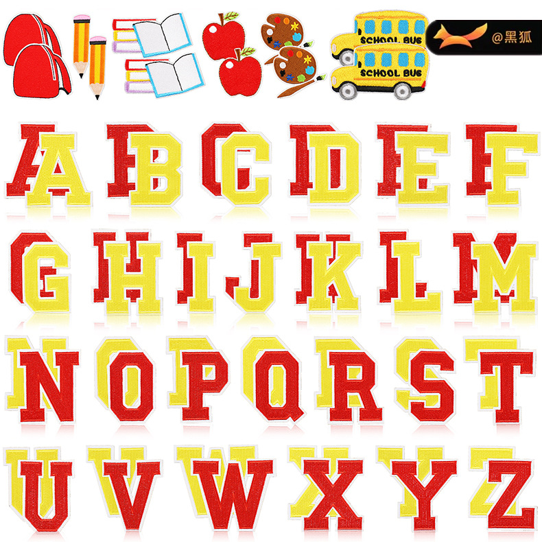 School Season English Alphabet Embroidery Cloth Sticker Bag Decoration Apple Patches Sticker Embroidery Label