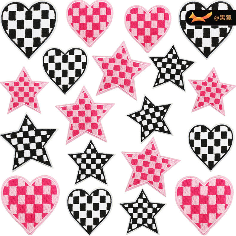 pink square grid love embroidery cloth sticker bag decorative grid star Patches sticker