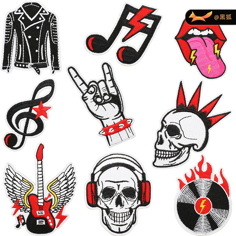 guitar music note embroidery cloth sticker jacket clothing decoration English skull Patches sticker mouth