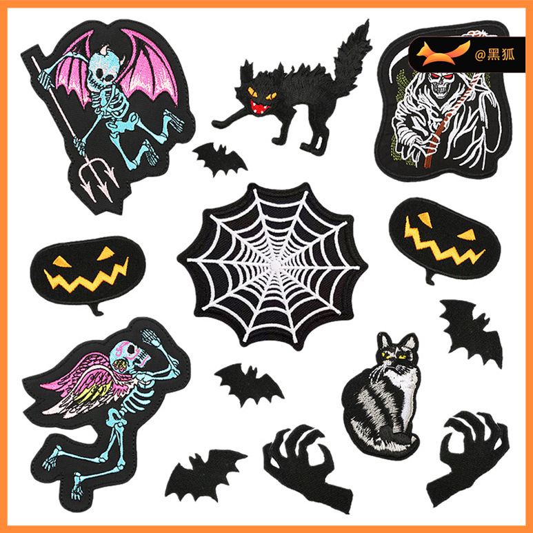 bat Halloween embroidery label spider web horror cat embroidery cloth patch