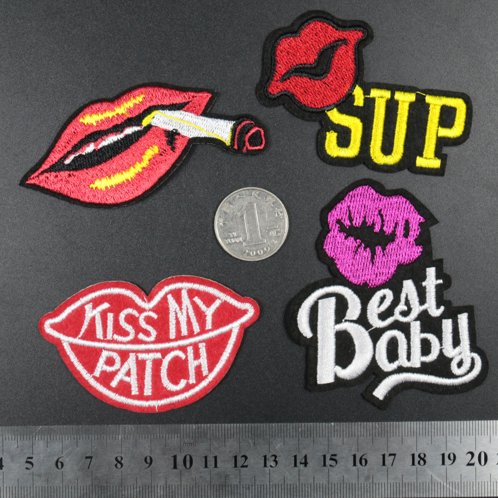 style lip embroidery cloth sticker English smoking kiss kiss flame red lip clothing accessories adhesive patch