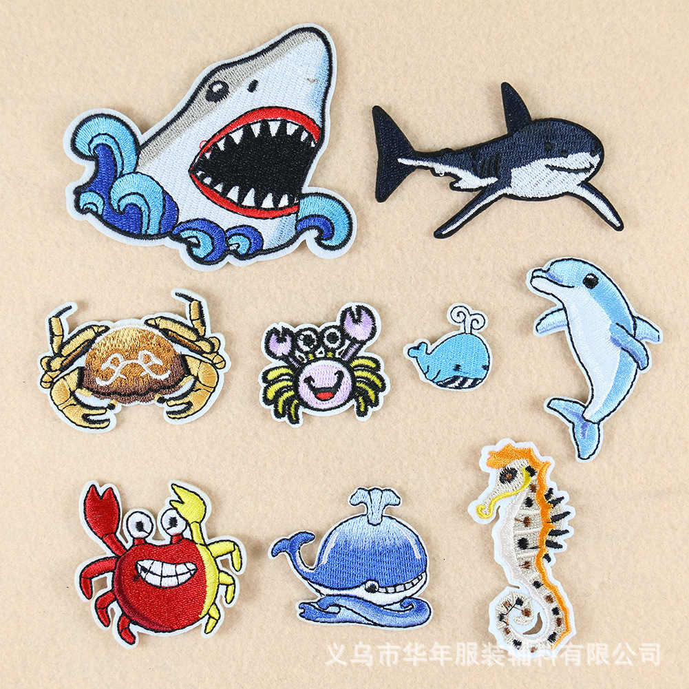 Cartoon animal embroidery badge shark seahorse crab cloth sticker adhesive DIY Patches hat sock clothing accessories