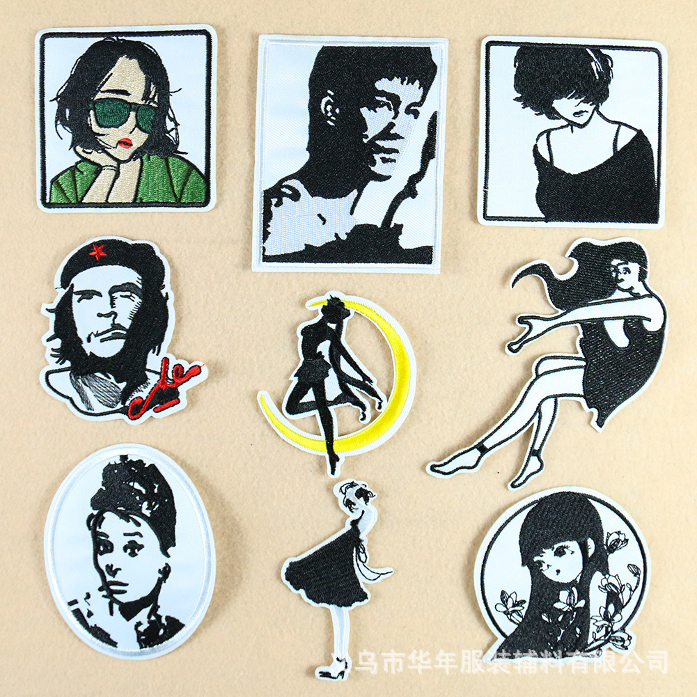 Black and white character embroidery moon girl girl clothing accessories DIY Patches stickers