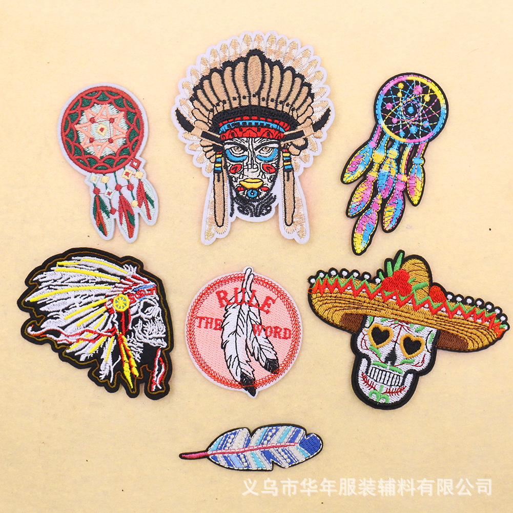 clothing accessories embroidery iron on patches straw hat skull colored feathers dream catcher DIY Patches stickers