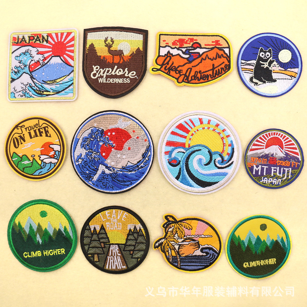 round landscape embroidery sunset sunrise sea waves alphabet cloth sticker DIY Patches embroidery clothing accessories