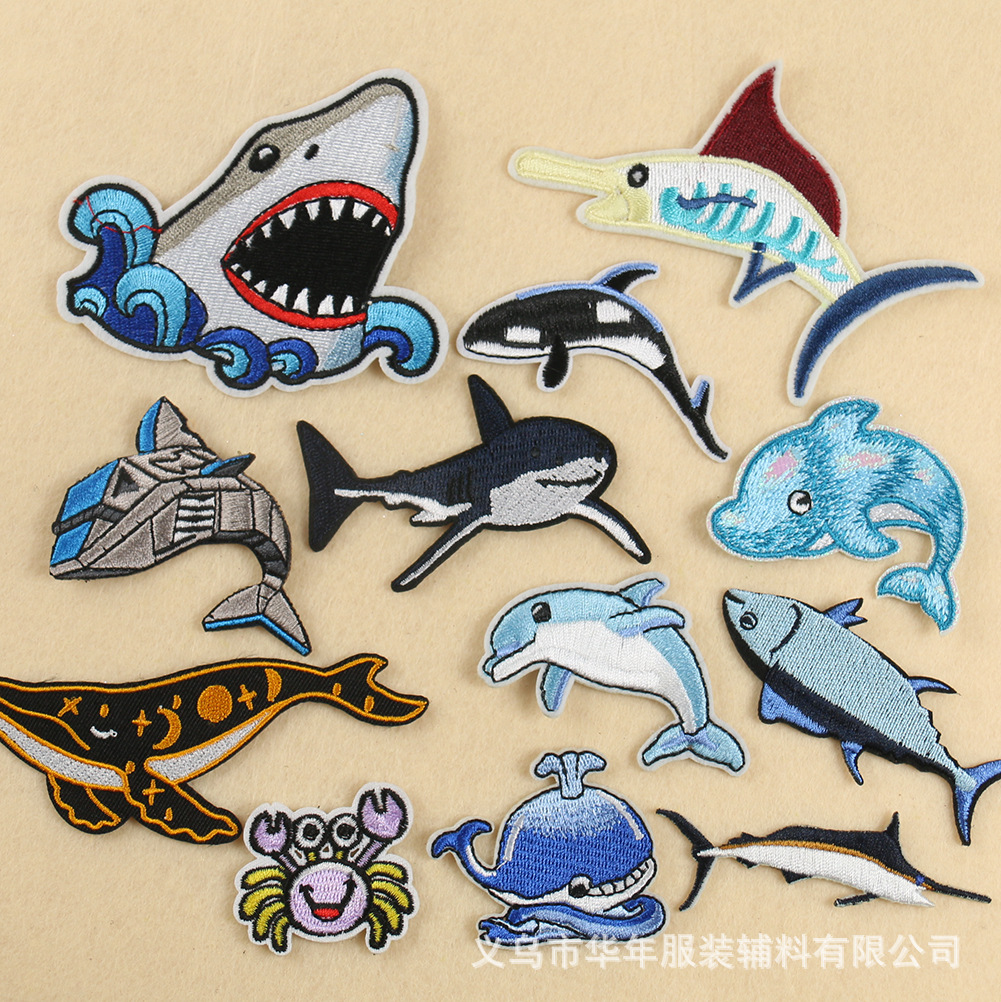 Cartoon animals for sharks dolphins crabs embroidery iron on patches hat sock clothing accessories patches