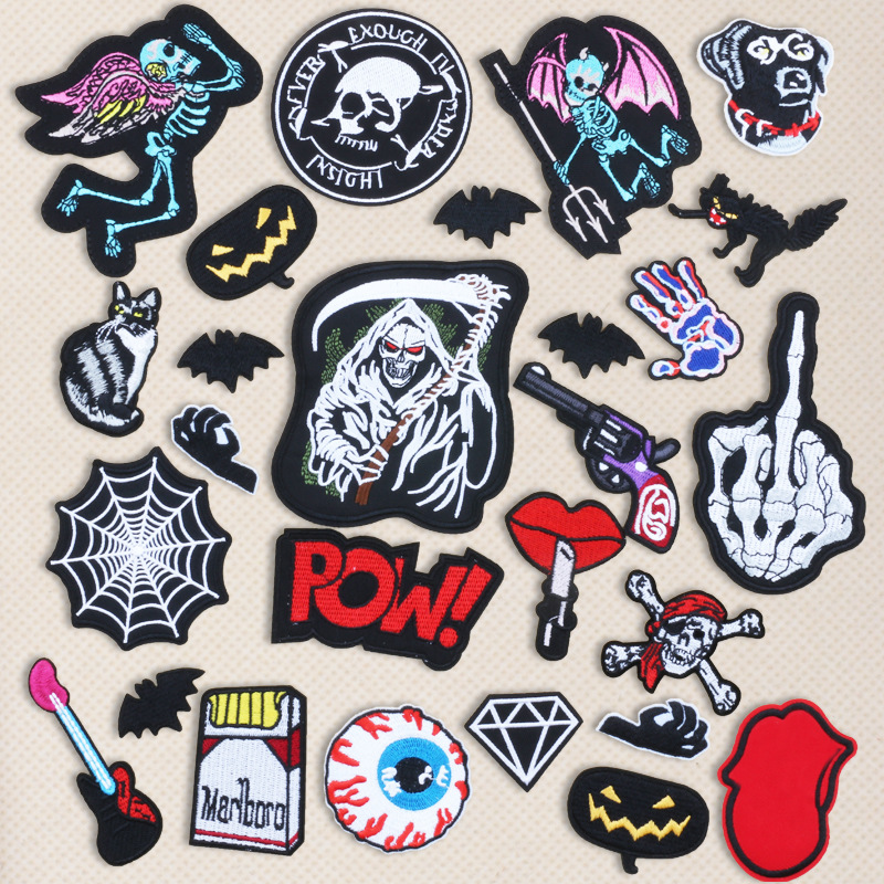 Skull Embroidery Cloth Sticker Halloween Bat Red Lip Hat Ironing Patches Sticker