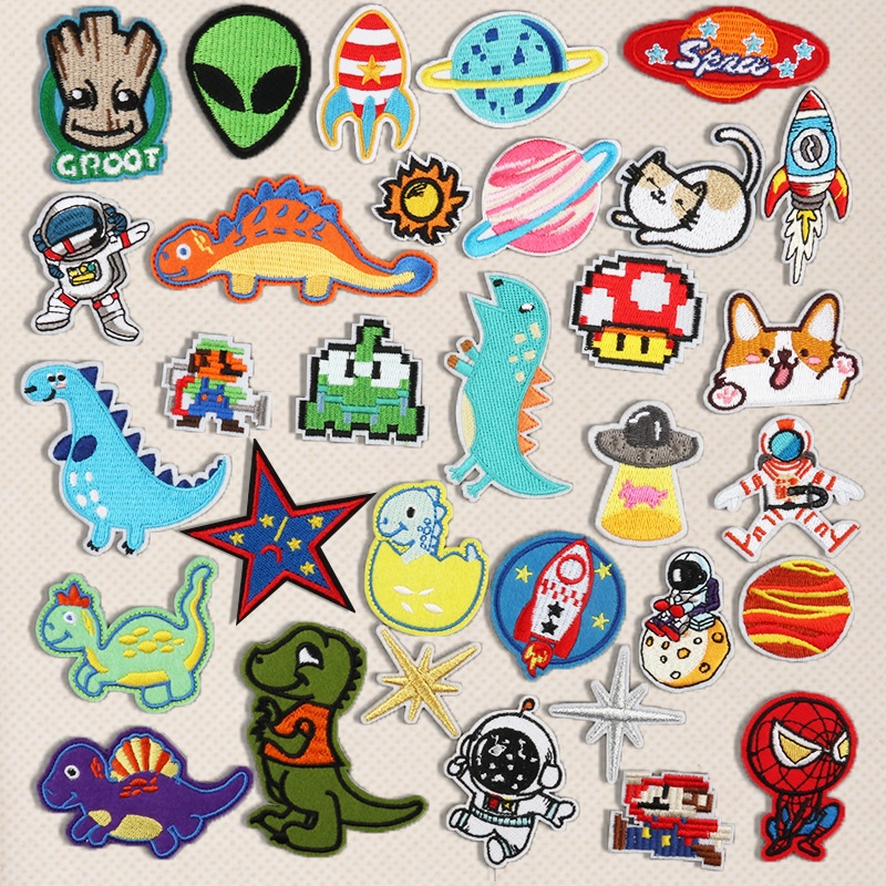 32 cartoon dinosaur cat embroidery iron on patches rocket embroidery clothes and hats Patches stickers