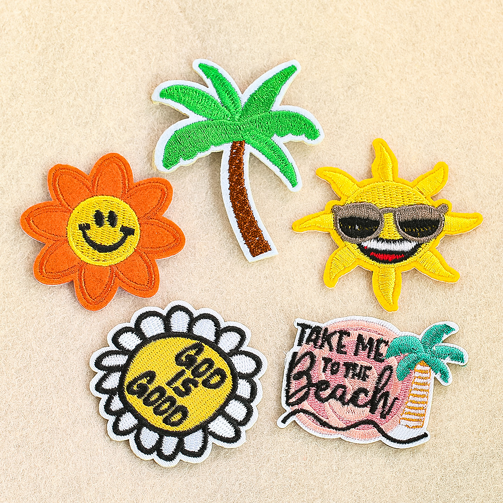 Summer cartoon coconut tree sun letter embroidery cloth sticker clothing accessories adhesive hole pudding sticker