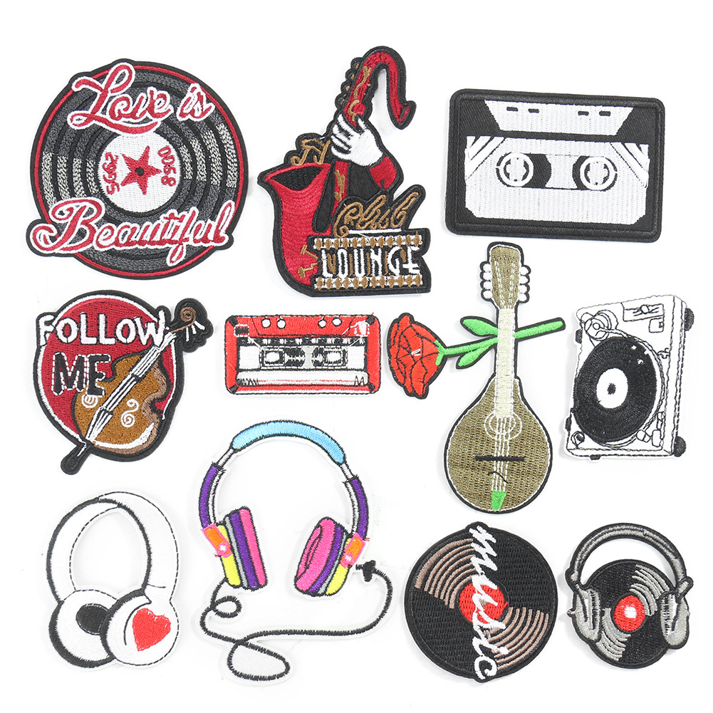 Cartoon earphones CD machine Musical instrument embroidery cloth sticker hat sock clothing accessories Adhesive DIY Patches