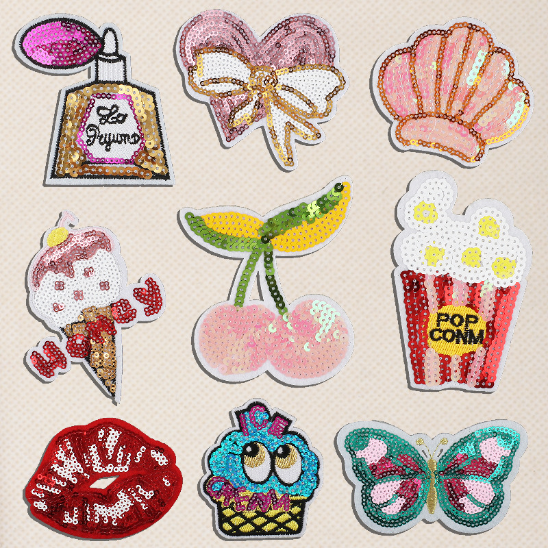 Sequin Cherry Ice Cream Embroidery Cloth Sticker Lips DIY Handmade Ironing Hat Accessories Patches Sticker