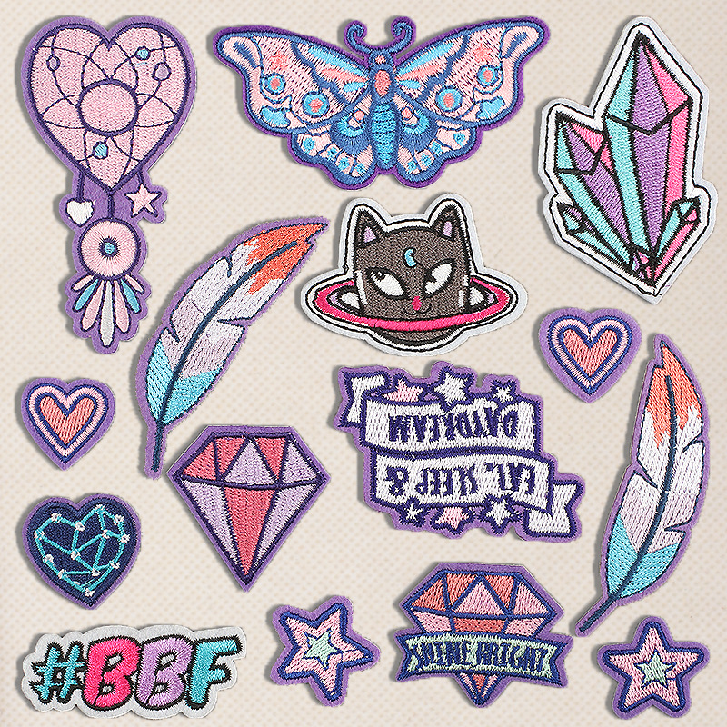 diamond leaf embroidery Patches sticker feather cat love ironing label embroidery cloth sticker