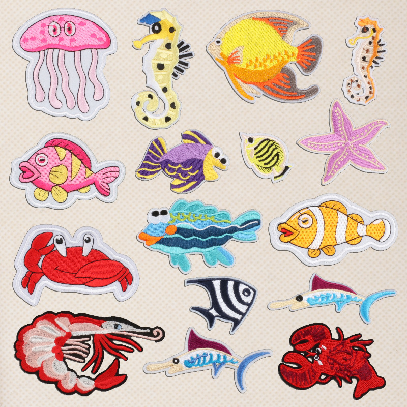 Fish and shrimp embroidery cloth sticker jellyfish Patches sticker hippocampus embroidery label embroidery label clothing and hat accessories