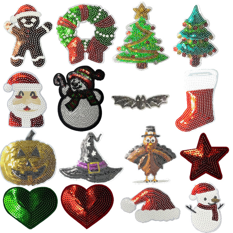 embroidery label Christmas Halloween series sequin beads embroidery snowman star love ironing embroidery cloth sticker
