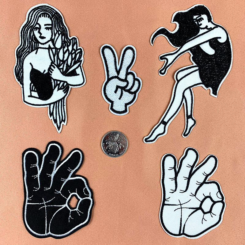 Black and white character embroidery cloth sticker cartoon beautiful woman OK gesture clothing accessories DIY adhesive Patches sticker