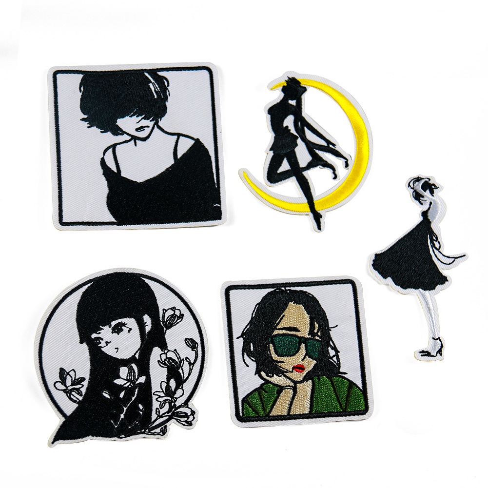 Black and white embroidery figure moon beautiful woman cloth sticker T-shirt jacket pants decoration hole Patches sticker