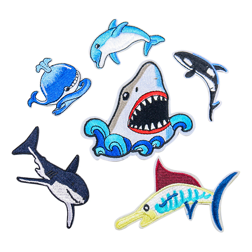 Cartoon embroidery cloth sticker hat sock clothing accessories Adhesive embroidery hole Patches sticker Cute shark dolphin blue whale fish