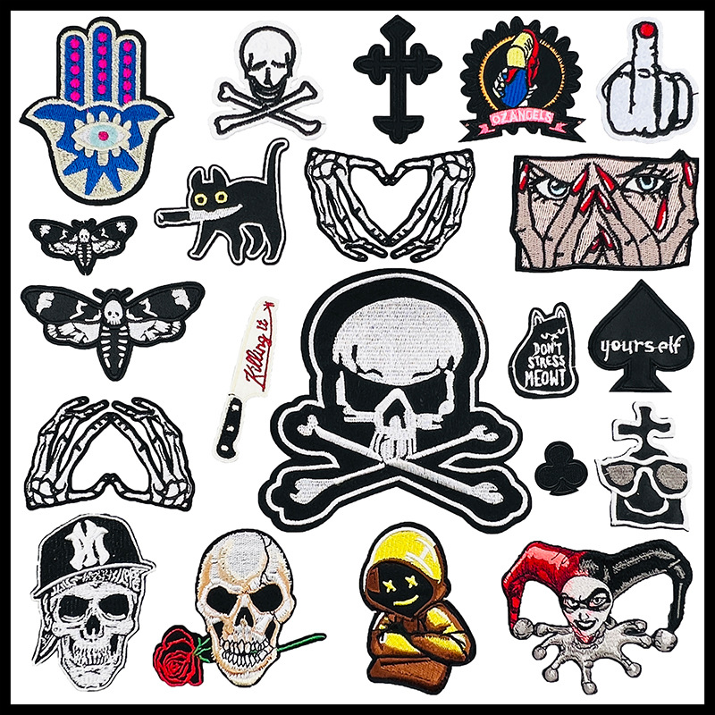 Black and white rock style embroidery skull head cloth sticker clothes hat hole repair Patches sticker